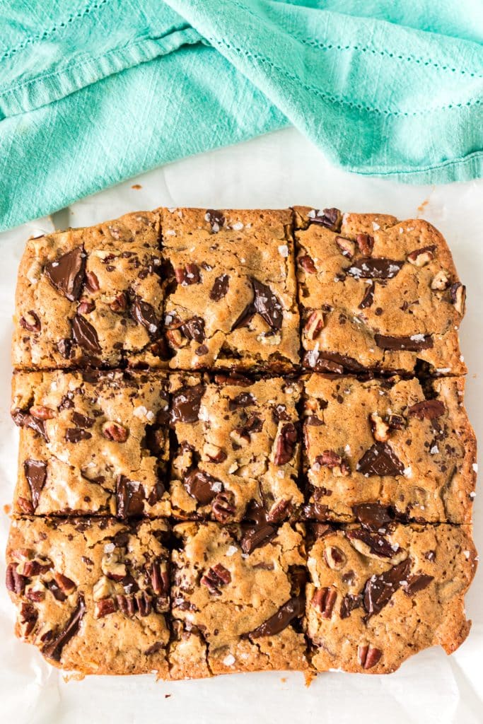 overhead shot of cookie bars sliced into 9 pieces.