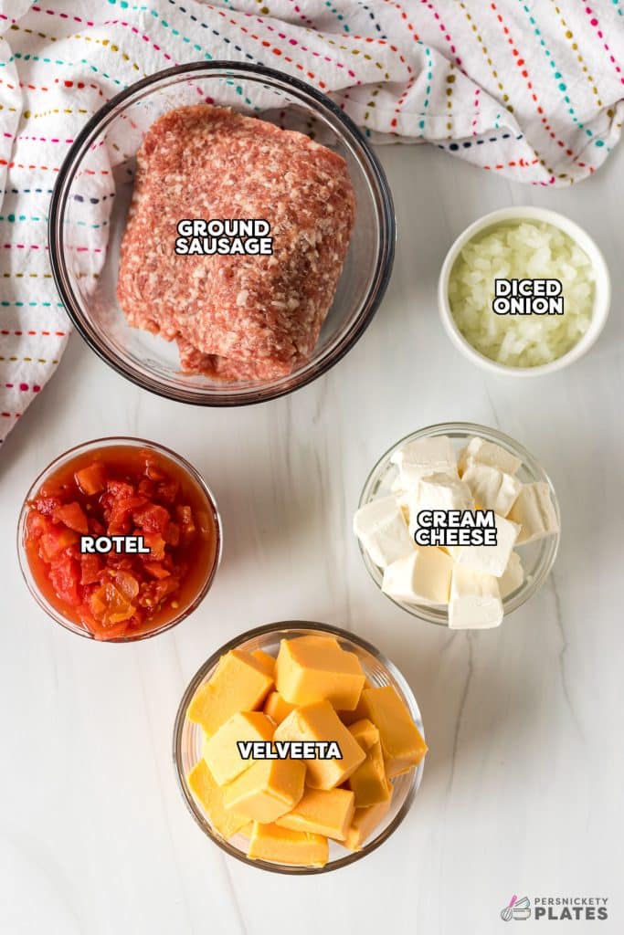 overhead shot of labeled ingredients laid out to make sausage cheese dip.