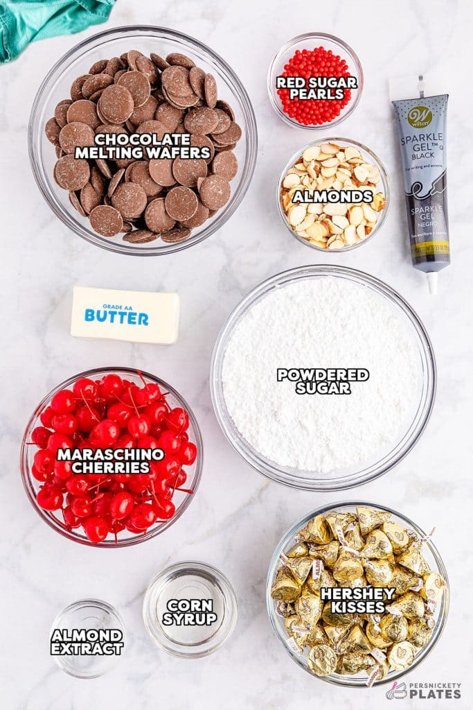 overhead shot of labeled ingredients laid out to make chocolate cherry mice.