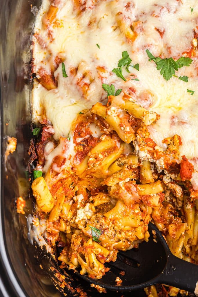 overhead shot of cheesy baked ziti in 