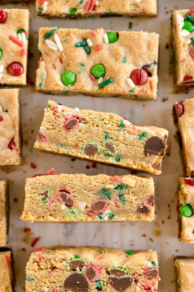 m&M christmas cookie bars turned on their side.