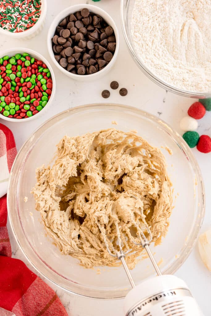 overhead shot of cookie dough in a bowl.