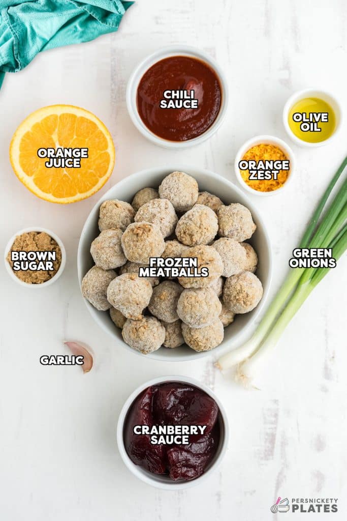 overhead shot of labeled ingredients laid out to make cranberry meatballs.