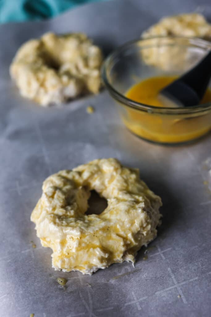 egg wash on bagel dough.