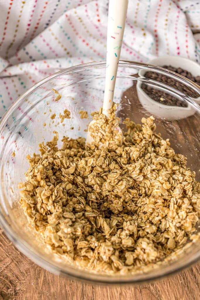 granola mixture in a mixing bowl.
