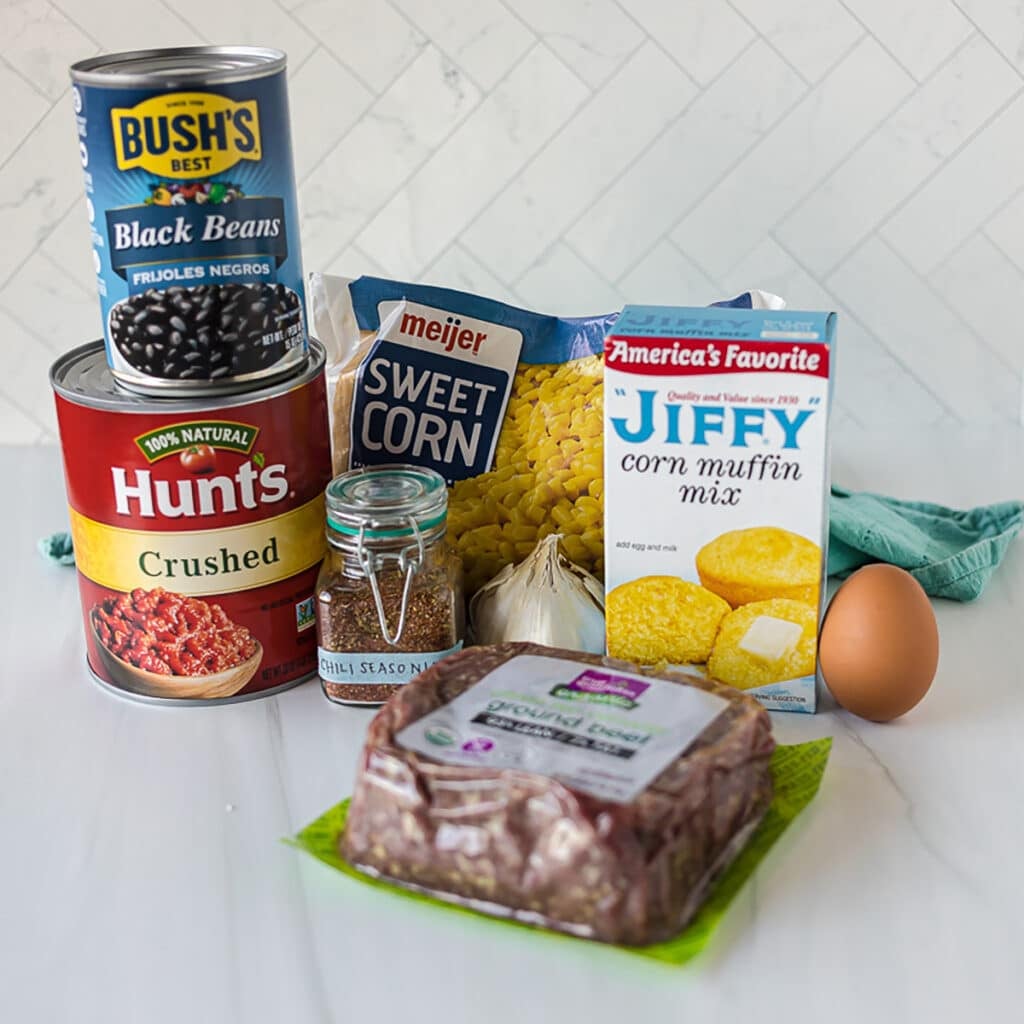 ingredients laid out to make chili cornbread casserole.