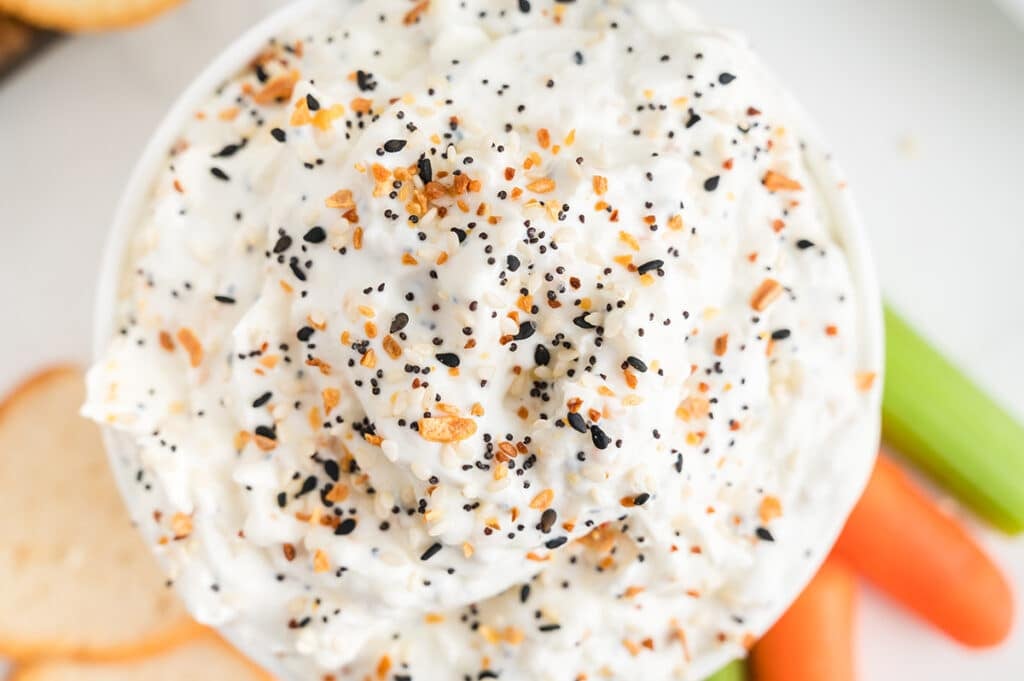 overhead shot of 3 ingredient everything bagel dip.