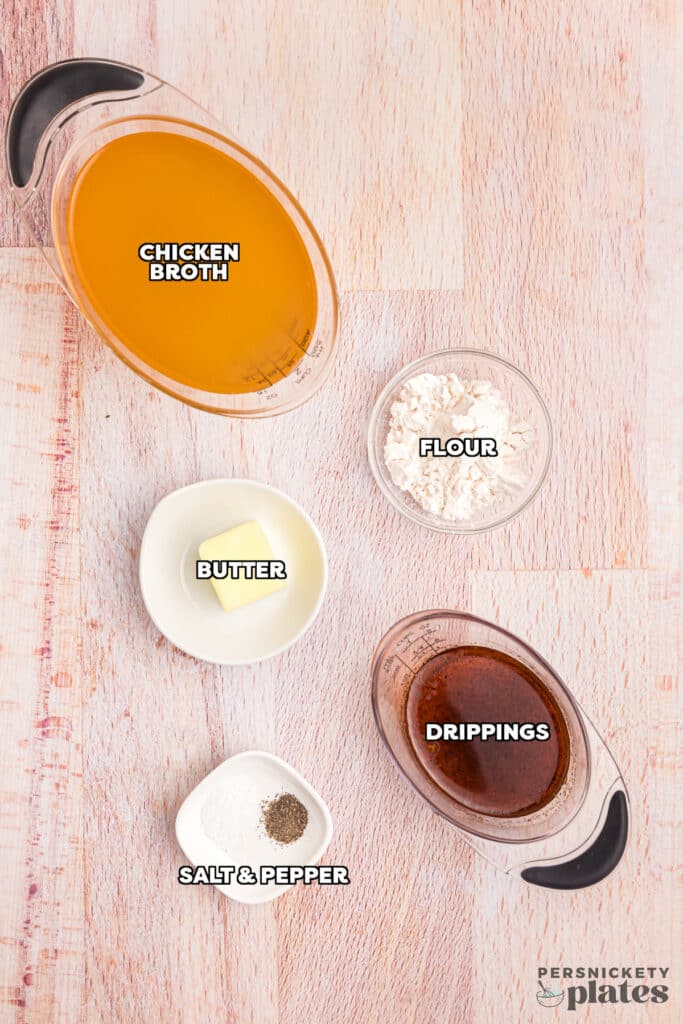 overhead shot of labeled ingredients laid out to make gravy.