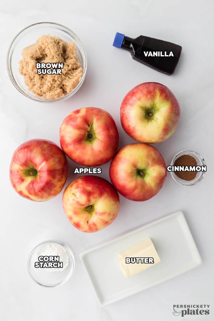 overhead shot of labeled ingredients laid out to make fried apples.