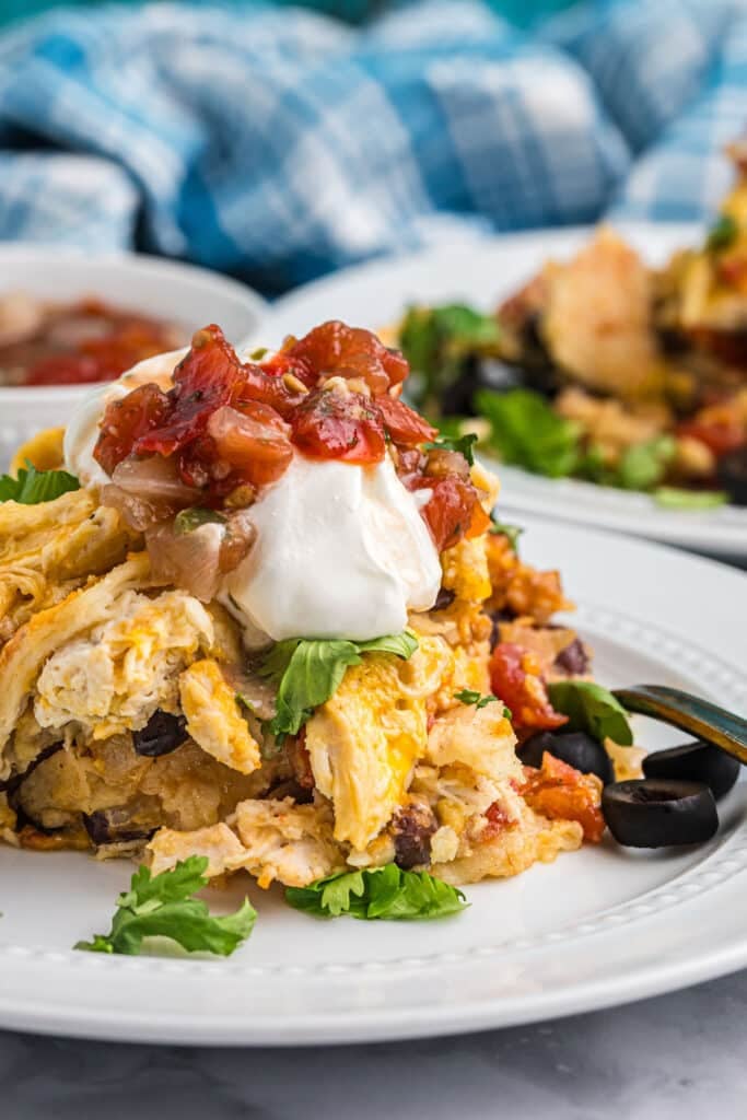chicken casserole on a plate topped with sour cream and salsa.