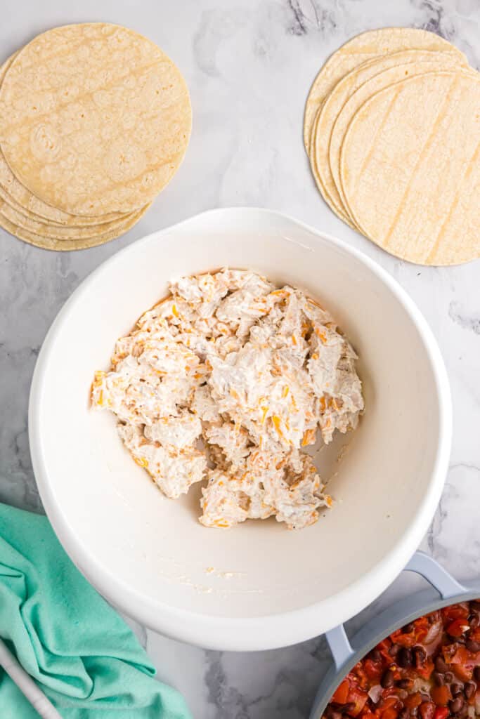 cheesy chicken mixture in a bowl.