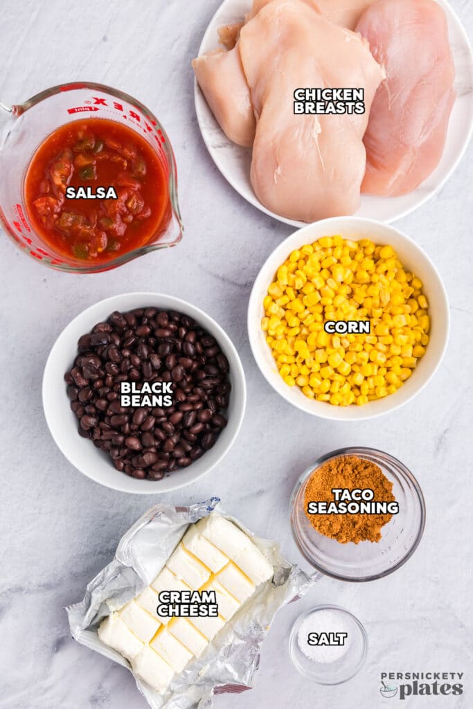 overhead shot of labeled ingredients laid out to make creamy fiesta chicken.