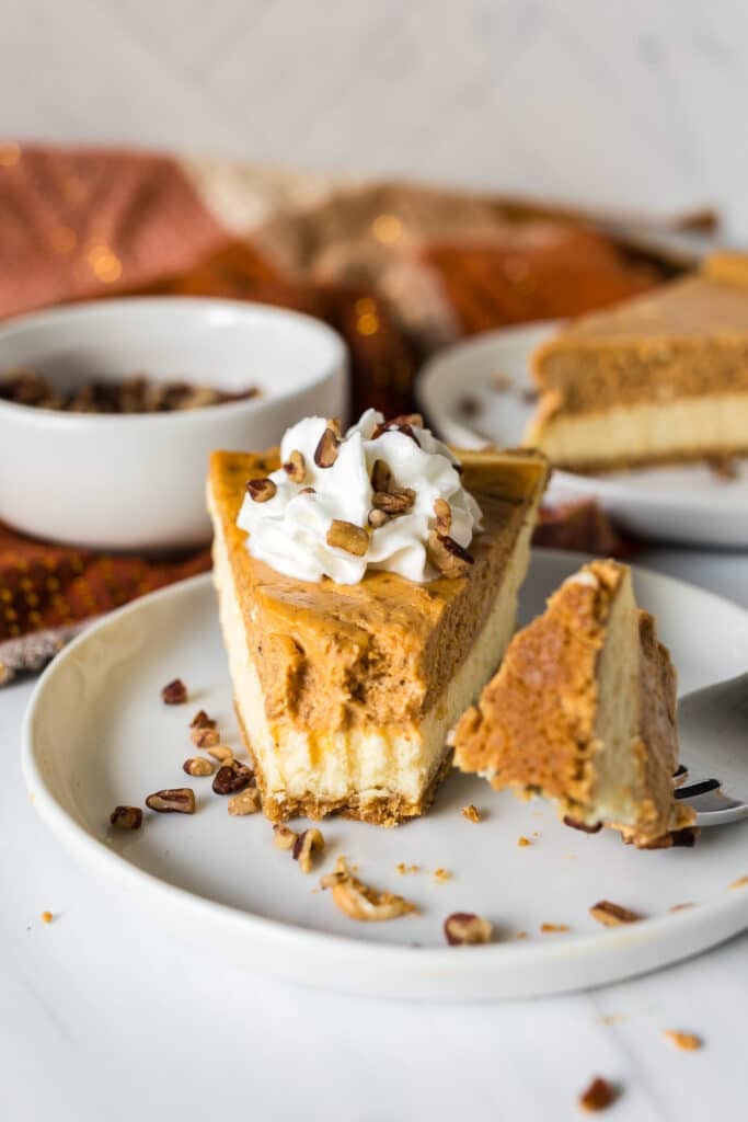 slice of layered pumpkin cheesecake with a bite missing.