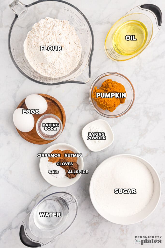 overhead shot of labeled ingredients laid out to make easy pumpkin bread.