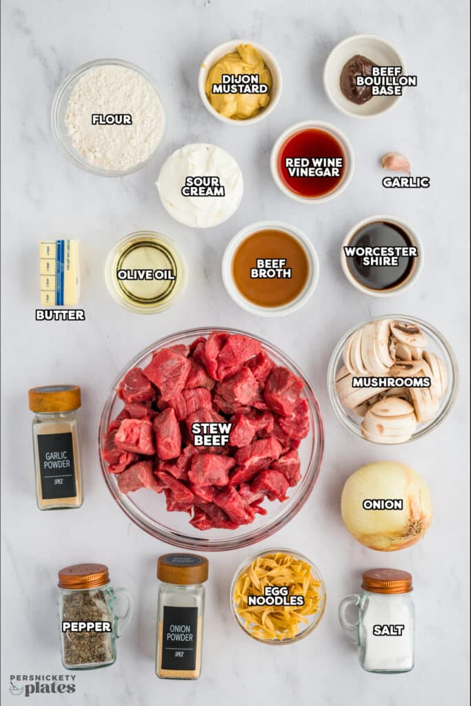 overhead shot of labeled ingredients laid out to make beef stroganoff.