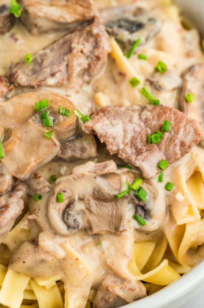 slow cooker of beef stroganoff over egg noodles.