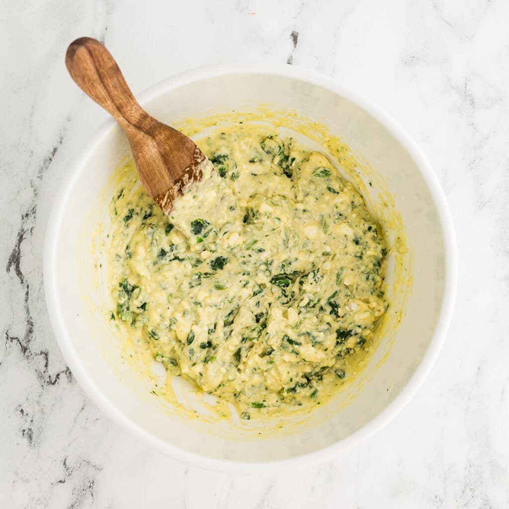 overhead shot of mixing bowl with quick bread batter.