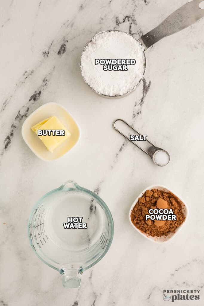 overhead shot of ingredients laid out make cocoa powder frosting.