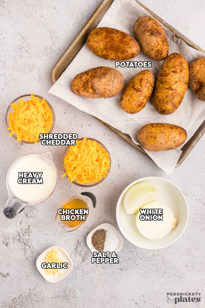 Ingredients for scalloped potatoes laid out with labels.