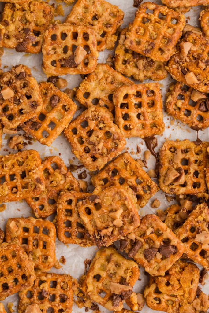 Close-up of butter toffee pretzels.