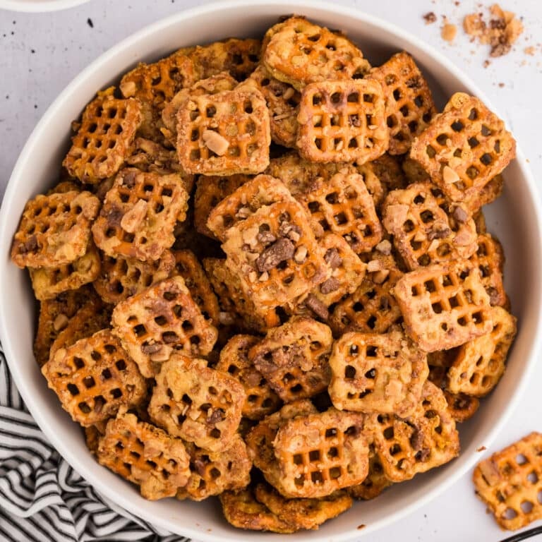 Bowl of butter toffee pretzels.