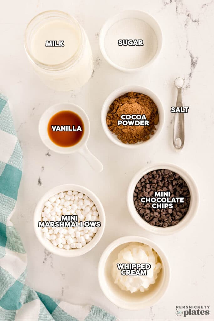 Ingredients for hot chocolate displayed in bowls and labeled.