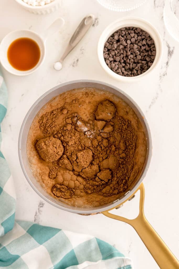 A saucepan with cocoa powder surrounded by hot chocolate ingredients.