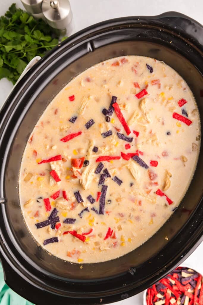 overhead shot of copycat chick-fil-a tortilla soup in a slow cooker with colorful tortilla strips topping.