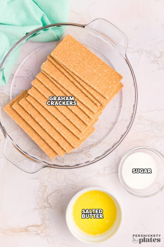 Ingredients for a graham cracker crust displayed in a pie dish.