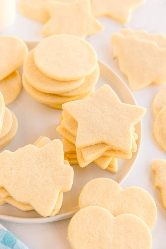 A plate of stacked plain sugar cookies.