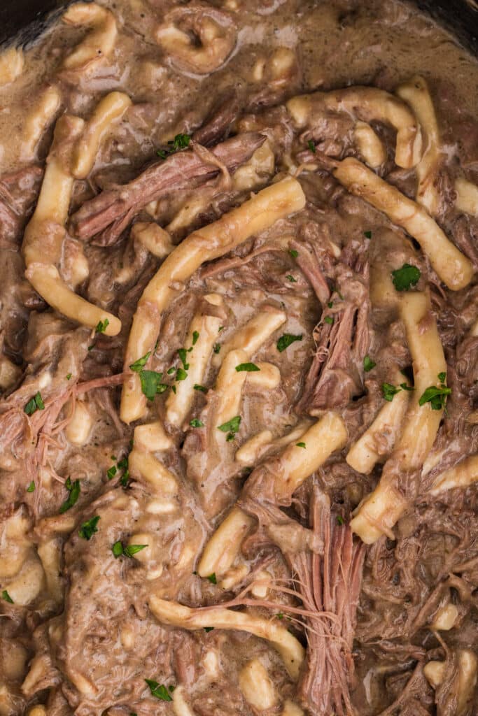 closeup of beef and noodles.