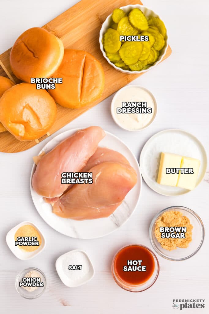 overhead shot of labeled ingredients laid out to make chicken sandwiches.