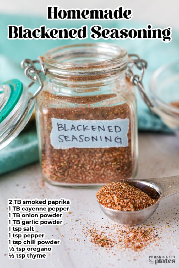 a jar of blackened seasoning with the recipe overlaid.