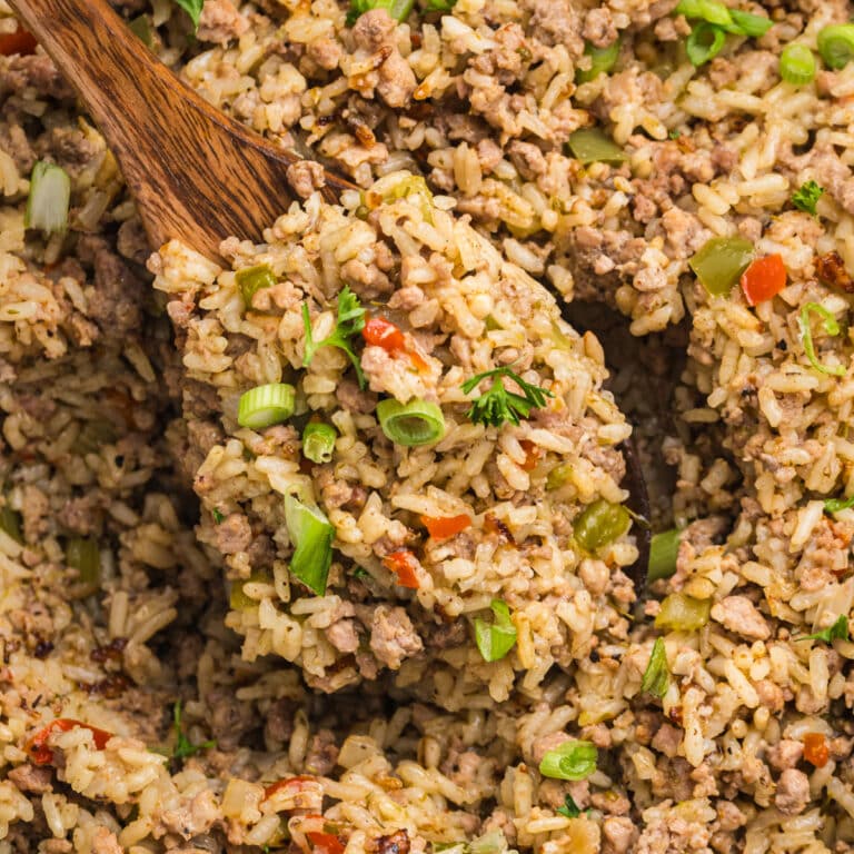 Spoonful of Cajun dirty rice with ground meat and vegetables.