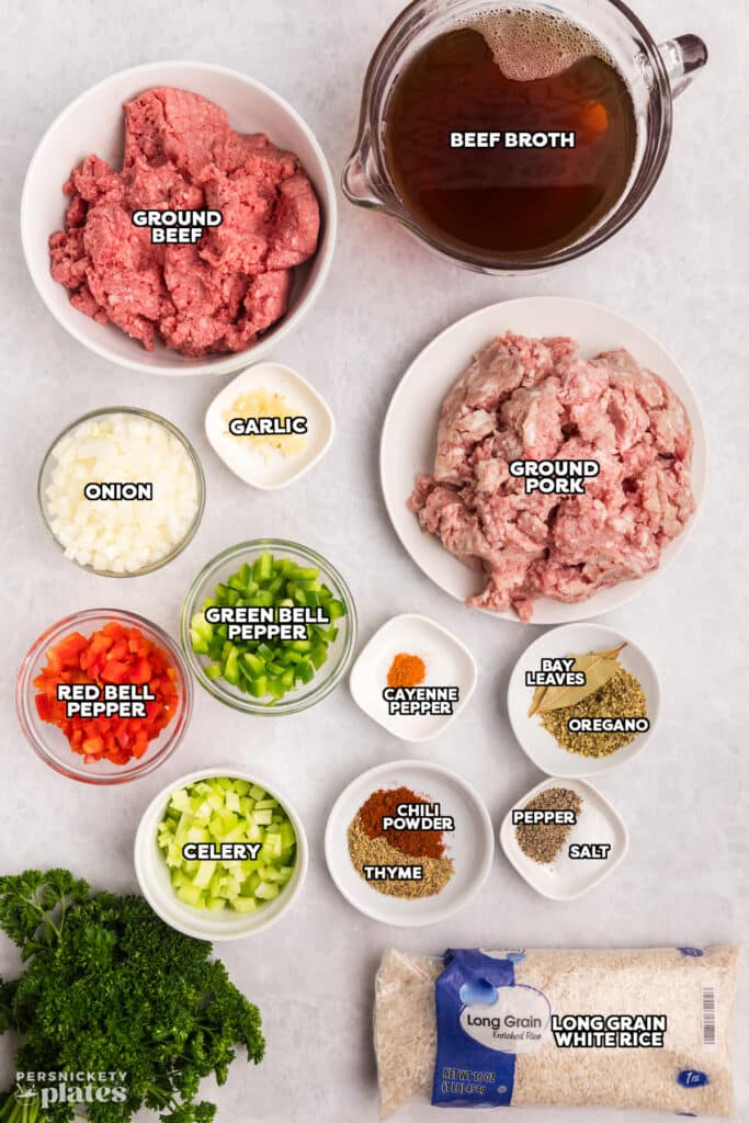 overhead shot of labeled ingredients laid out to make dirty rice.