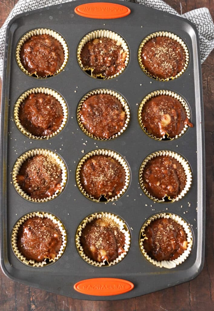 chocolate batter in muffin tins.