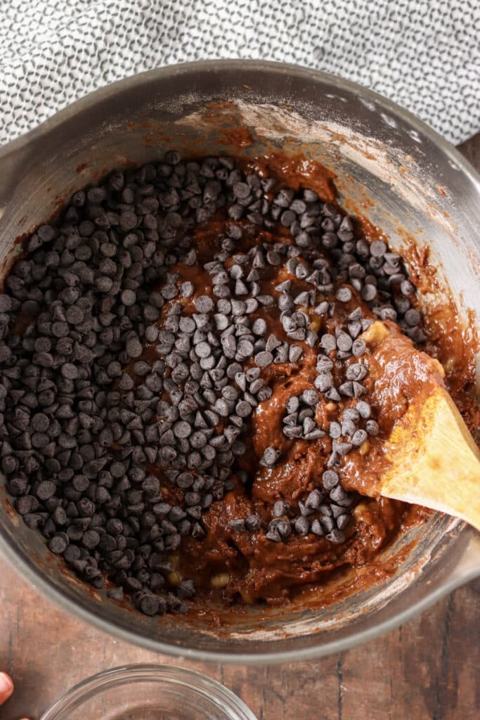 mini chocolate chips in a chocolate batter.