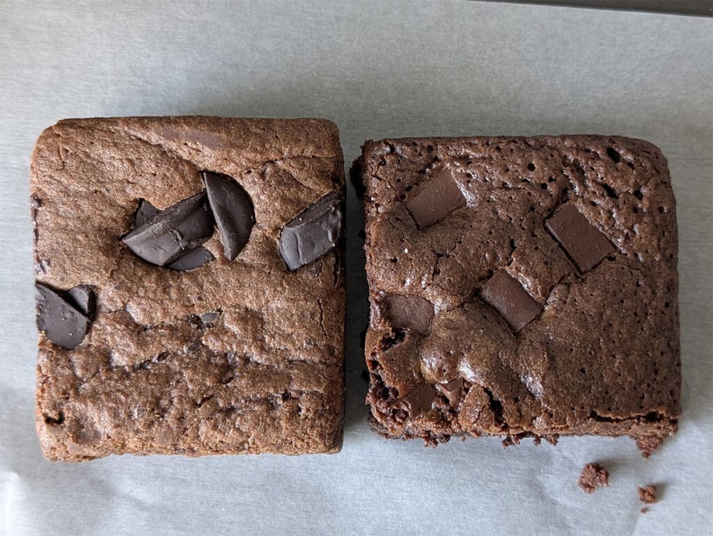 Side-by-side brownies showing a comparison of two textures: one from Starbucks, one homemade.