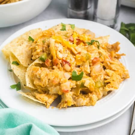 A white plate is piled with crock pot King Ranch chicken over tortilla chips.