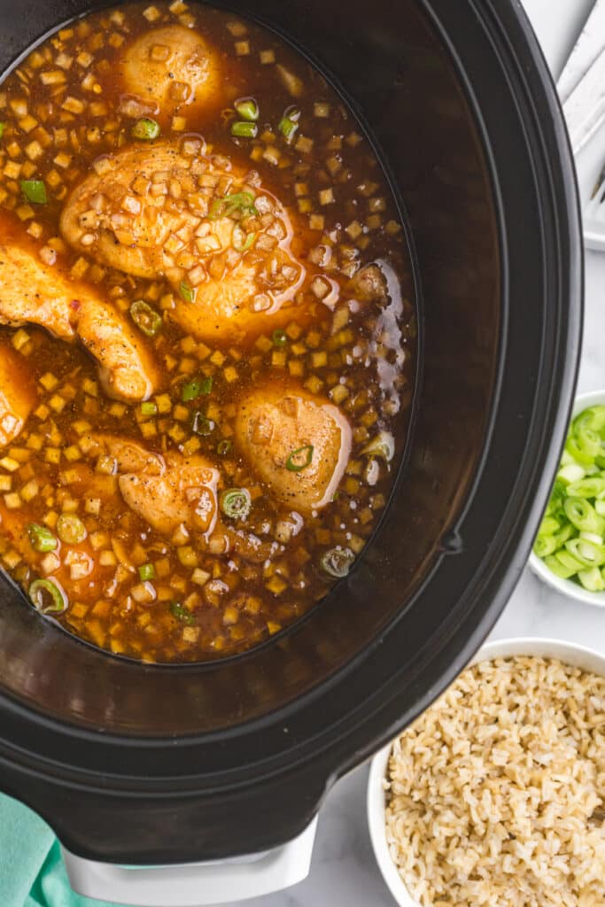 Chicken breasts in slow cooker with diced onion and honey bourbon sauce.