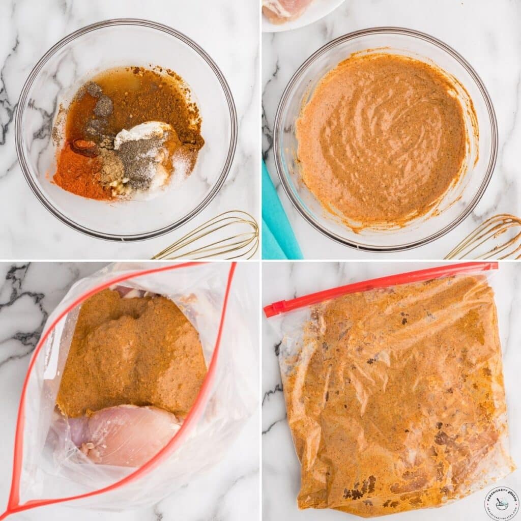 Four-step collage showing the process of making and using a chicken shawarma marinade.