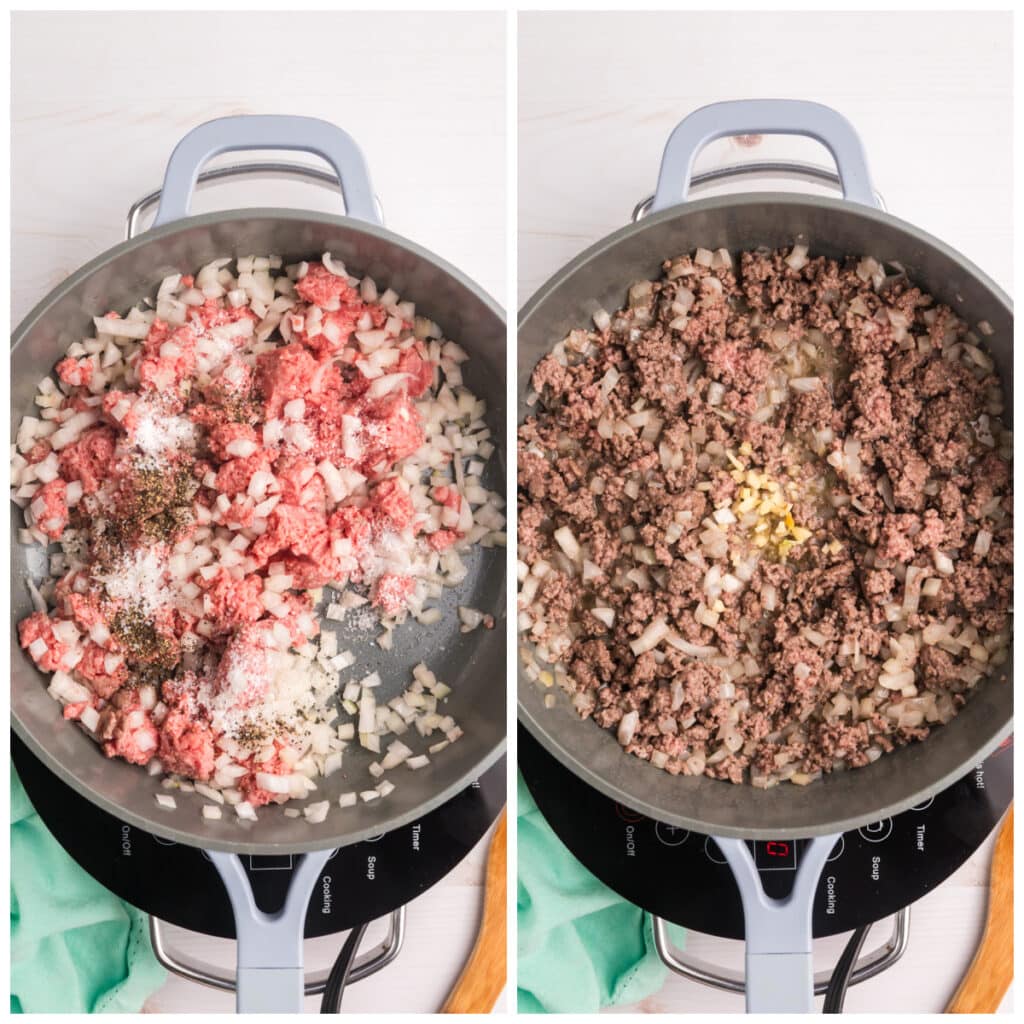 Side-by-side images of ground beef and onions cooking in a skillet.