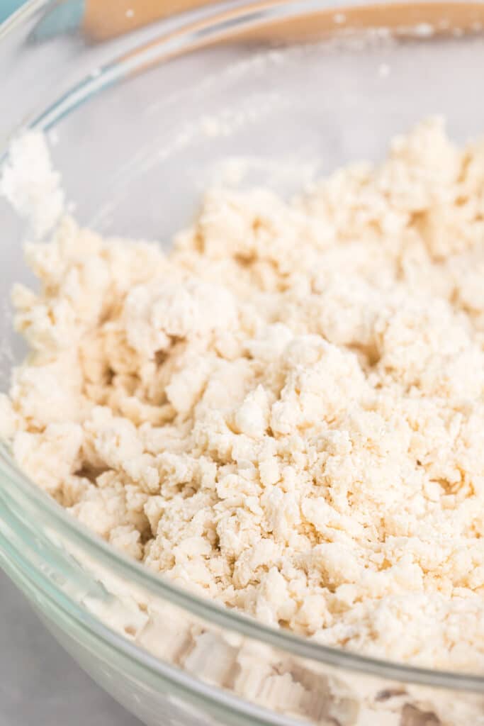 Dry, crumbly pie crust mixture in a glass bowl.