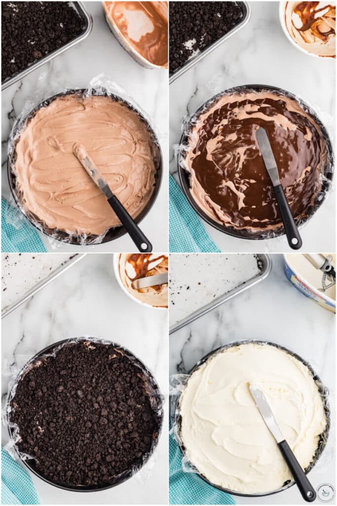 Collage showing chocolate ice cream, fudge, cookie crumble, and vanilla ice cream layers being assembled in a springform pan.
