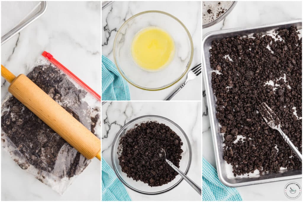 Step-by-step collage showing Oreo cookies crushed, mixed with butter, and spread on a baking sheet.