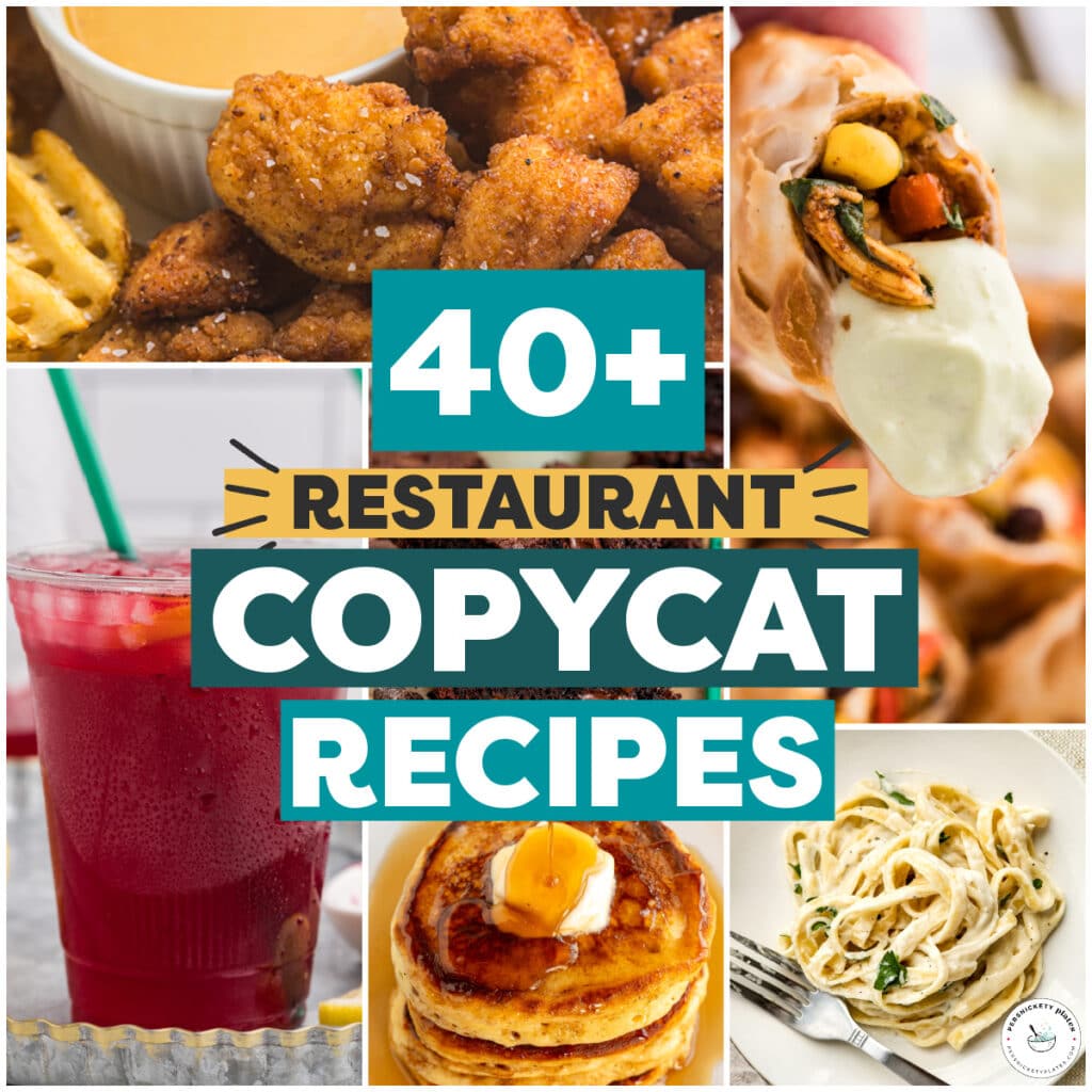 A square collage with bright, appetizing images of crispy chicken nuggets with waffle fries, southwest egg rolls dipped in sauce, pancakes with syrup, creamy fettuccine alfredo, a cold red drink in a Starbucks-style cup.