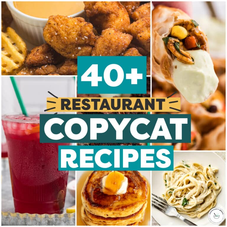 A square collage with bright, appetizing images of crispy chicken nuggets with waffle fries, southwest egg rolls dipped in sauce, pancakes with syrup, creamy fettuccine alfredo, a cold red drink in a Starbucks-style cup.