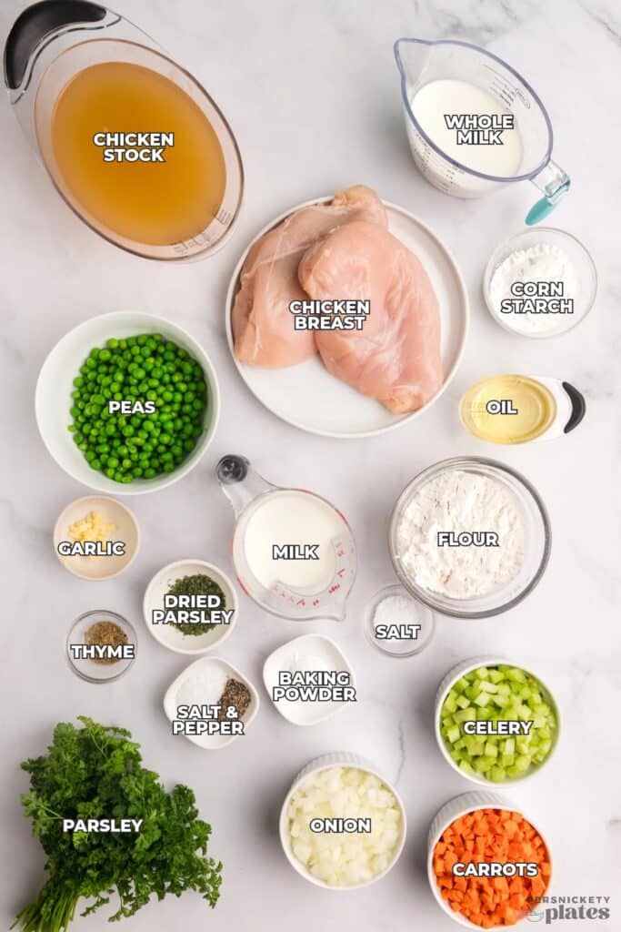 Overhead view of labeled chicken and dumpling ingredients arranged on a counter.