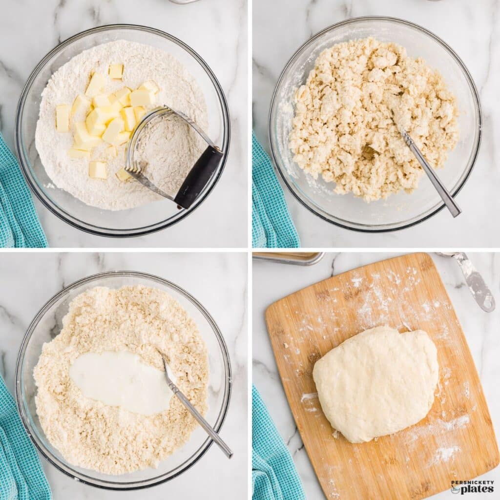 A four-image collage showing biscuit dough being mixed and formed.
