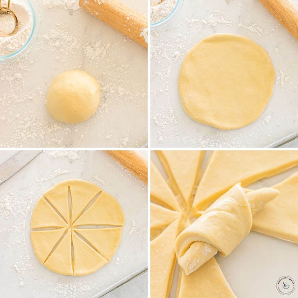 Four-step collage showing dough being shaped into crescent rolls.